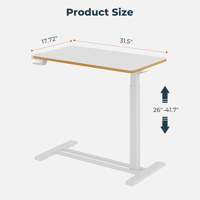 Medical Overbed Adjustable Bedside Table with Hidden Casters, Pneumatic Mobile Rolling Laptop Standing Desk with Tray for Home and Hospital Use, White