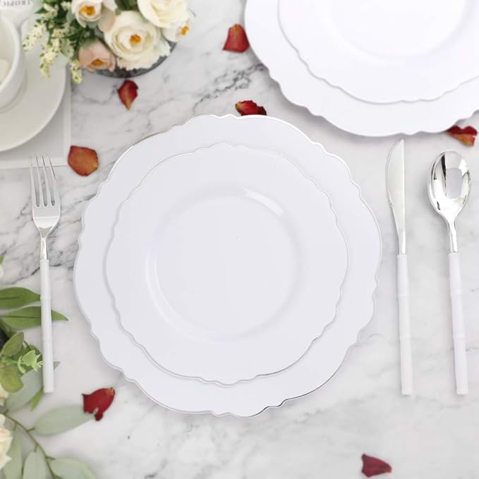 WDF 60pcs Silver Plastic Plates-Baroque White &Silver Plates for Upscale Parties &Wedding-including 30Plastic Dinner Plate 10.25inch, 30 Salad Plate 7.5inch