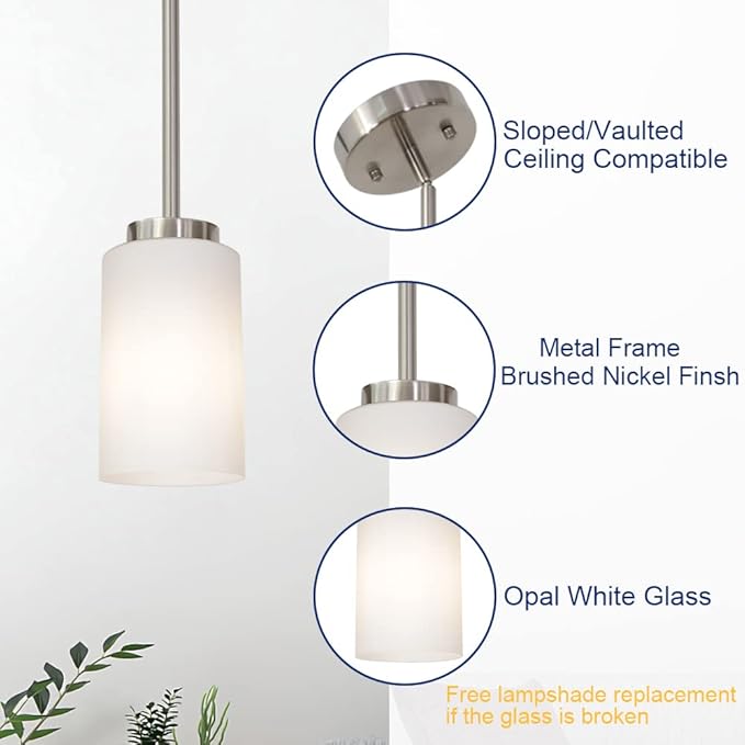 1-Light Farmhouse Chandelier Pendant Light Fixtures with Opal White Shades, Hanging Ceiling Pendant Lighting Brushed Nickel for Kitchen Dining Room Study