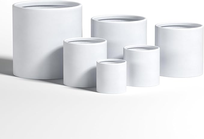 DTY Signature Mount Powell Fiberstone Planter - 8 Inch Extra Small White Cylindrical Mid-Century Modern Home Decor Indoor & Outdoor Plant Pot - Durable Planters for Indoor Plants, Outdoor Spaces