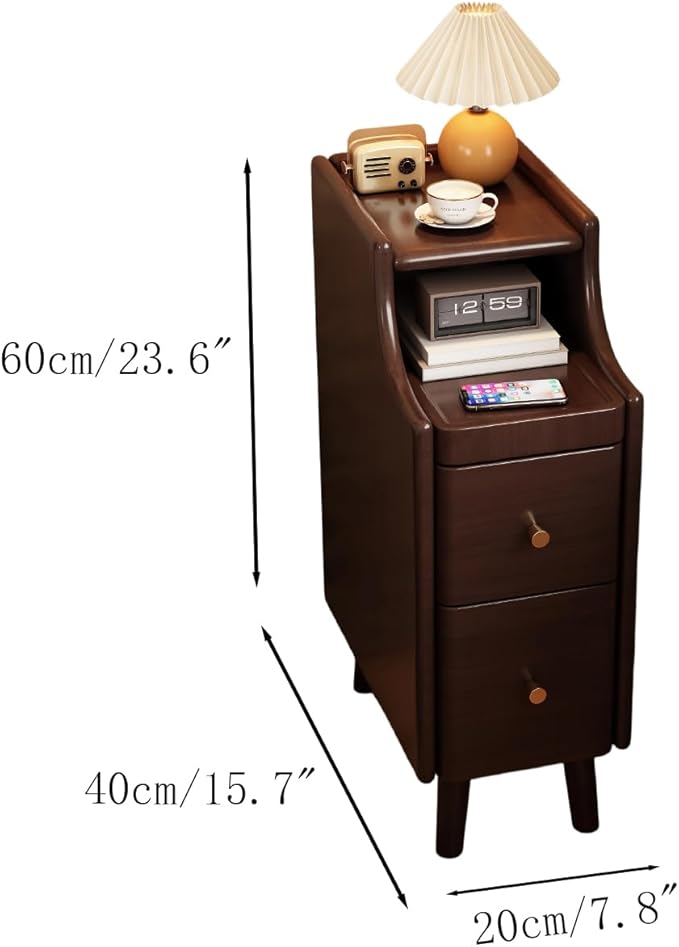 Narrow Nightstand with Drawers, Solid Wood Side Tables with Pull-Out Tray, Mid Century Modern Slim nightstand, Small Spaces Bedside Table, Skinny nightstand for Bedroom Living Room (1)