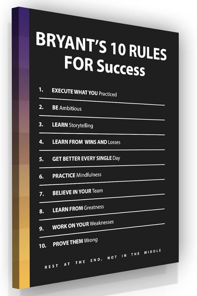 Bryant 10 Rules For Success Motivational Wall Art Office Decor Canvas Print, Black Mamba Mentality, Basketball Player Gift, Sports Gym Art, Basketball Coach Print (48" x 36" in)