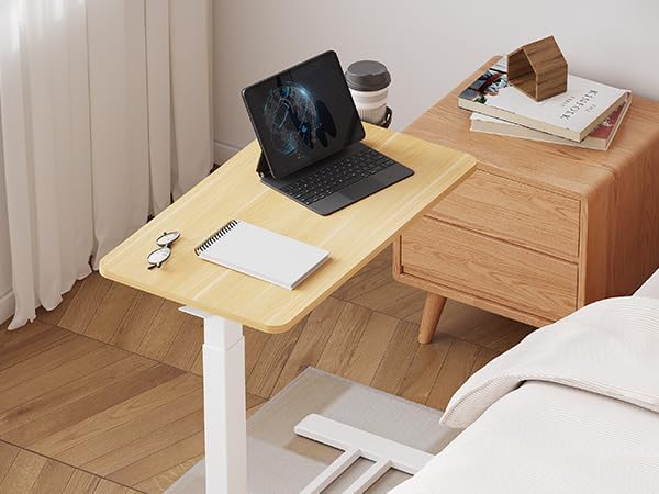 Medical Overbed Adjustable Bedside Table with Hidden Casters, Pneumatic Mobile Rolling Laptop Standing Desk with Tray for Home and Hospital Use, Maple