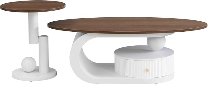 2 Piece Living Room Set, Storage Drawer, Modern Nest Coffee Table Set of 2, Wooden Brown Tabletop Oval Coffee and End Table Set with White Iron Geometric Base