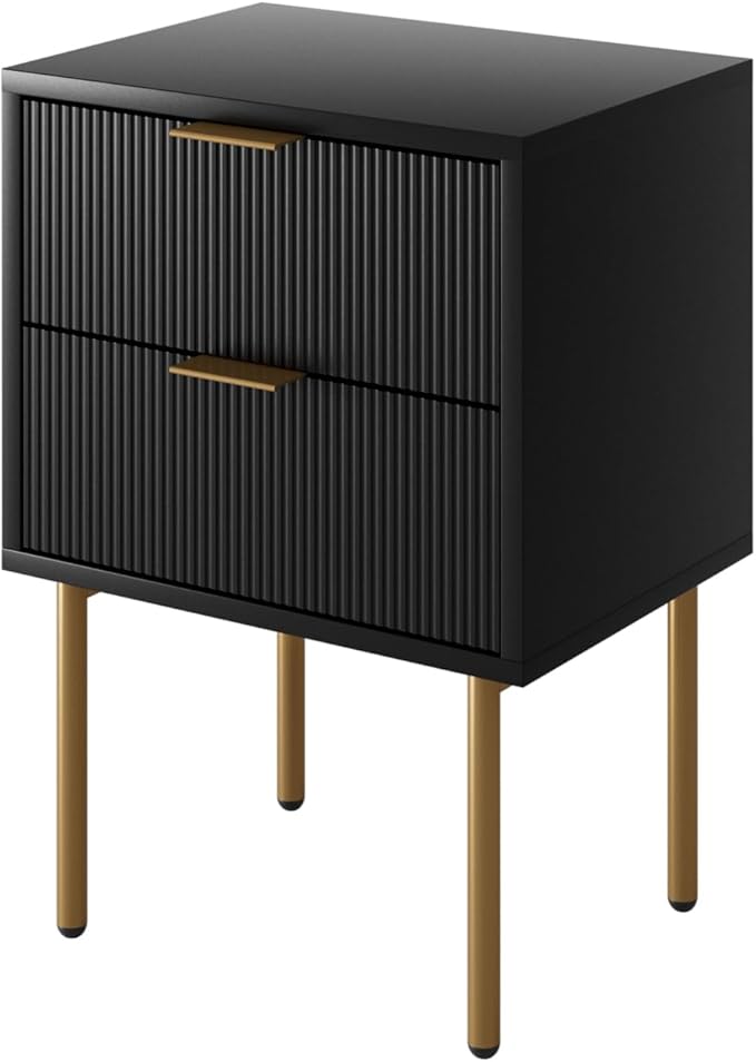 Nightstand,Morden Bedside Table with Gold Frame,Small White Night Stand,End Table,Bedside Furniture,Side Table with Drawer and Shelf for Bedroom,Living Room (2Drawers, Black)
