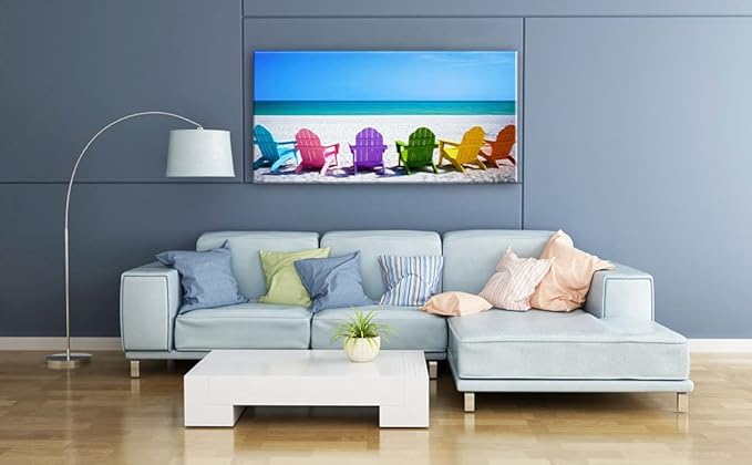 Beach Canvas Wall Art for Living Room, PIY Blue Sea with Colorful Chairs Picture Prints Decor, Relax Leisure Time Home Decorations (Waterproof, Ready to Hang, 30x60 Extra Large)