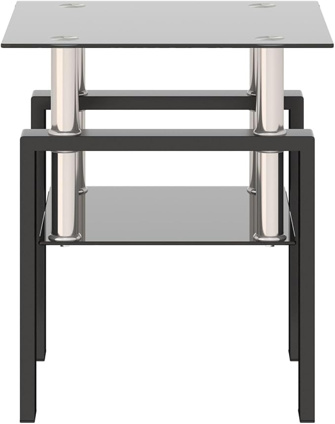 IANIYA Modern Glass End Table, 2-Tier Side Table with Tempered Glass Top & Metal Legs, Night Stand Corner Table for Living Room, Bedroom, All Black