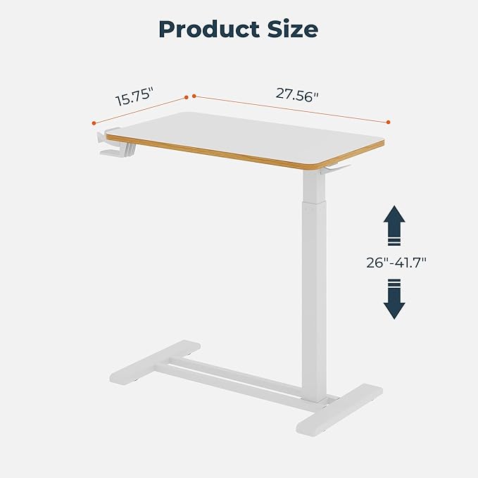 Medical Overbed Adjustable Bedside Table with Hidden Casters, Pneumatic Mobile Rolling Laptop Standing Desk with Tray for Home and Hospital Use, White