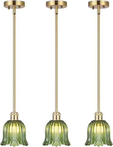 Modern Gold Pendant Light 3 Pack Brushed Brass Mid Century Chandelier Green Glass Shades Adjustable Rods Farmhouse Ceiling Hanging Lighting Fixture Kitchen Island Dining Room Bedroom