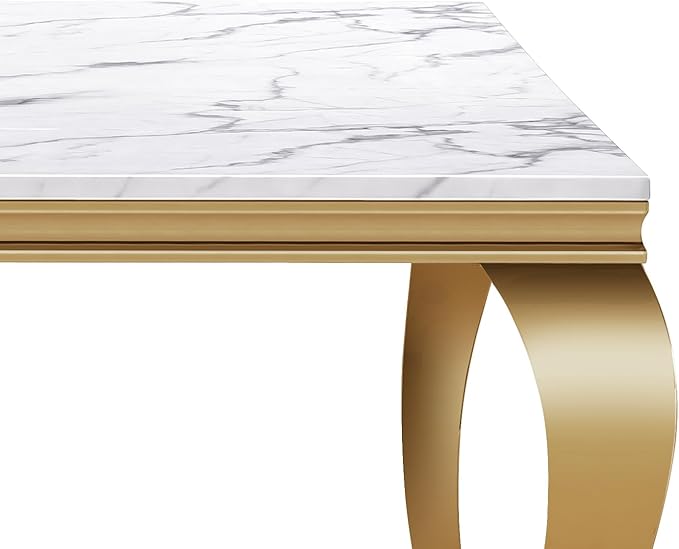 SSLine Modern White Faux Marble End Table Luxury Square Sofa Side Table with Gold Curved Legs Mid-Century Elegant Bedside Table w/Mirrored Stainless Steel Frame for Living Room Bedroom