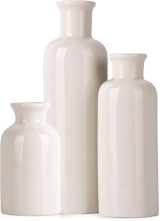 Farmhouse Decor 3 Piece Set - White Crackle Ceramic Vase for Country Home Centerpieces, Living Room, Table, Fireplace and Entrance