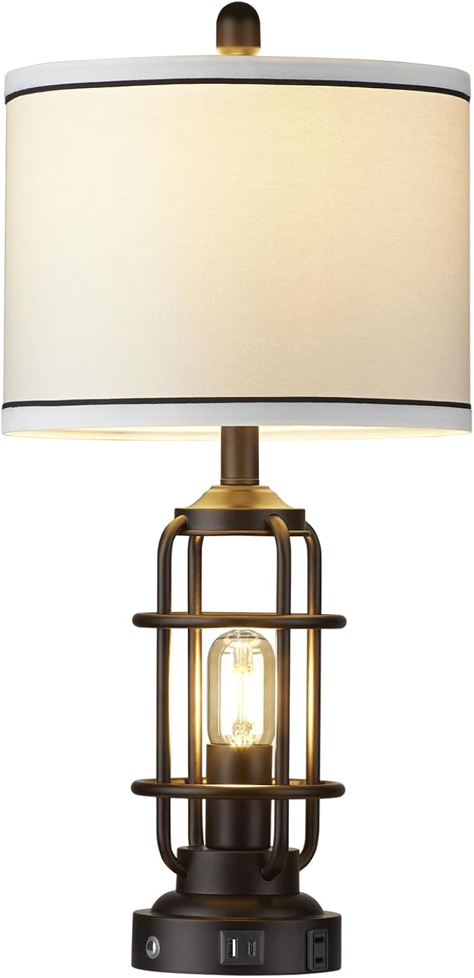 Modern Table Lamps, Industrial 3-Way Dimmable Bedside Lamp with USB A+C Ports & AC Outlet, Touch Control Rustic Nightstand Lamp LED Night Light for Living Room Bedroom Decor Home(4 Bulbs Included)