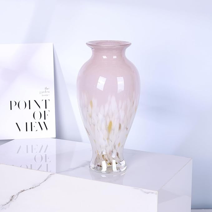 11.8" Tall Pink White Blown Glass Vase, Colorful Opaque Glass Vase, Unique Design Wide Mouth Art Decoration for Home, Living Room, Dining Table, Pampas Grass Decor (Pink White)