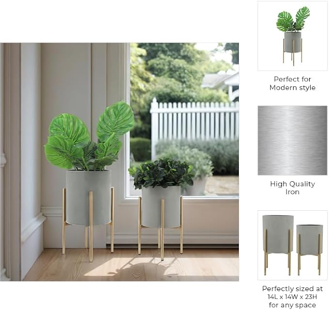 Sagebrook Home Set of 2 Modern Iron Planters with Stands, Gray and Gold, 23" & 19"