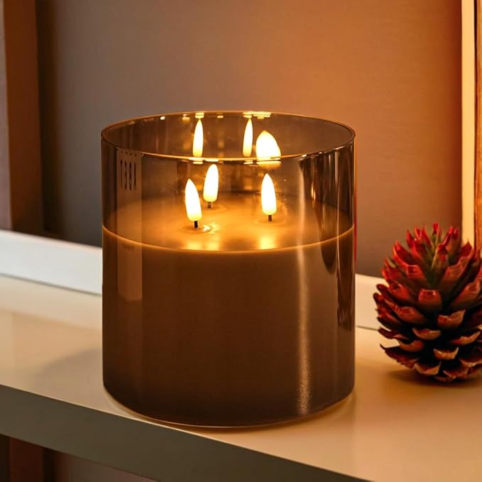 NICEME Extra Large 3 Wick Battery Operated Candle, 6"x6" Big Clear Glass Flameless Candles with Remote, Real Wax Flickering Led Pillar Fake Giant Candle for Wedding Party Holiday Home Decor, Grey