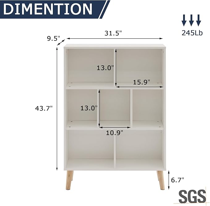 7 Cube Wood Bookshelf, 3 Tier Modern Bookcase with Legs, Open Display Cubby Bookshelf Freestanding Book Shelves for Home Office, Living Room, Bedroom, White