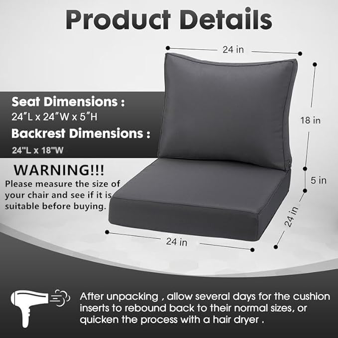 Outdoor Deep Seating Cushion Set, 24" x 24", Waterproof & Fade Resistant Patio Furniture Cushions with Handle, Deep Seat and Back Cushion for Chair and Sofa (Gray, 4)