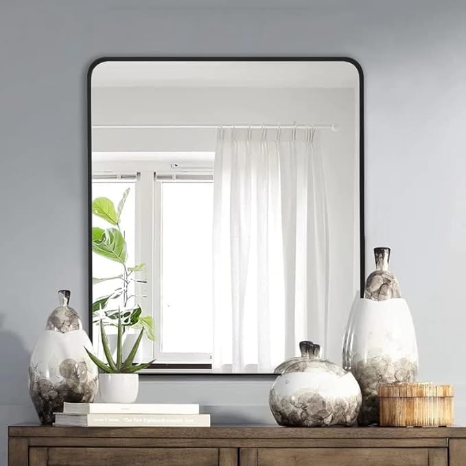 30"x36" Bathroom Wall Mirror with Matte Black Metal Frame & HD Glass, Copper-Free Mirrors Modern Rectangle Round Corner Framed Vanity Mirror - Horizontal or Vertical Installation