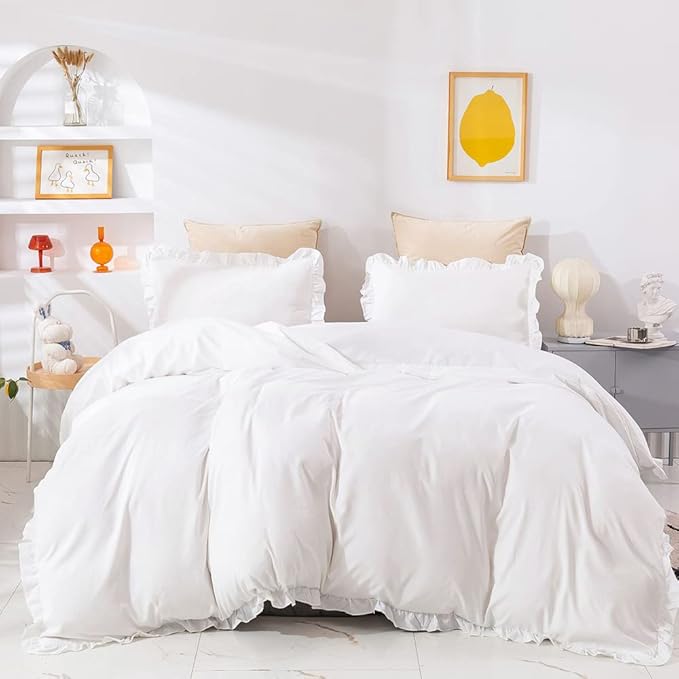 CLOTHKNOW White Ruffles King Size Comforter Set Farmhouse Bedding Comforter Sets Shabby Chic Comforter Vintage Rustic Comforter with 2 x Pillow Cases
