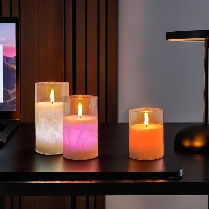 NICEME 3PCS LED Multi Colored Flameless Candles Acrylic Pillar Battery Operated Flickering Flame Color Changing Candles with Remote Control Real Wax Electric Fake Candles Ice Crystal, D3” x H4” 5" 6"
