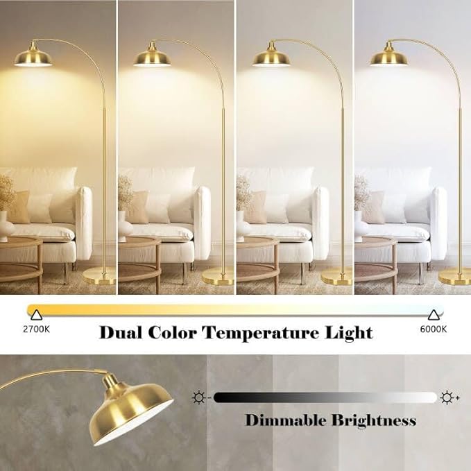 Gold Floor Lamps for Living Room- Arc Floor Lamps with 9W Bulb, 360° Adjustable Metal Shade, Remote Control Dimmable Floor Lamp, Over Couch Mid Century Modern Brass Floor Lamp for Bedroom, Office