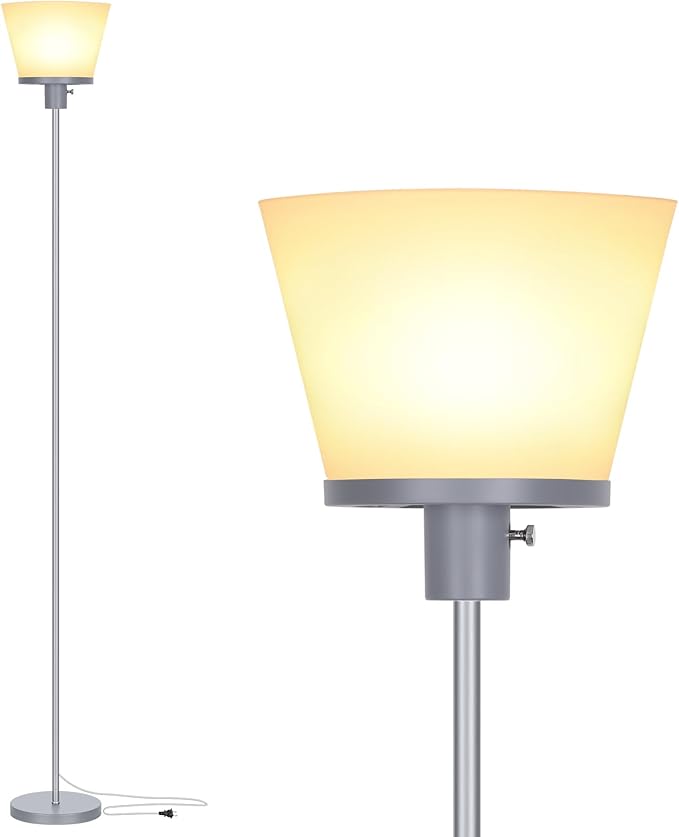Standing Lamp for Bedroom, LED Modern Floor Lamp for Living Room Office, Sliver Tall Bright Floor Lamp with White Plastic Shade, Bulb Not Included.
