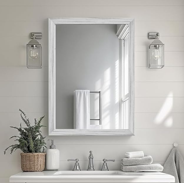 White Wood Effect Framed Wall Mirror, 20x30 Rectangle Mirror, 1/8" Anti-desilvering Tempered Glass, Sustainable& Sturdy Frame, Anti-Rust, HD Reflection &3min Fast Setup for Bathroom Living Room