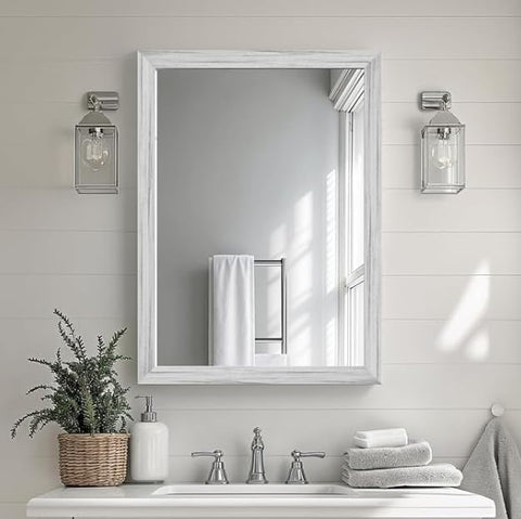 White Wood Effect Framed Wall Mirror, 20x30 Rectangle Mirror, 1/8" Anti-desilvering Tempered Glass, Sustainable& Sturdy Frame, Anti-Rust, HD Reflection &3min Fast Setup for Bathroom Living Room