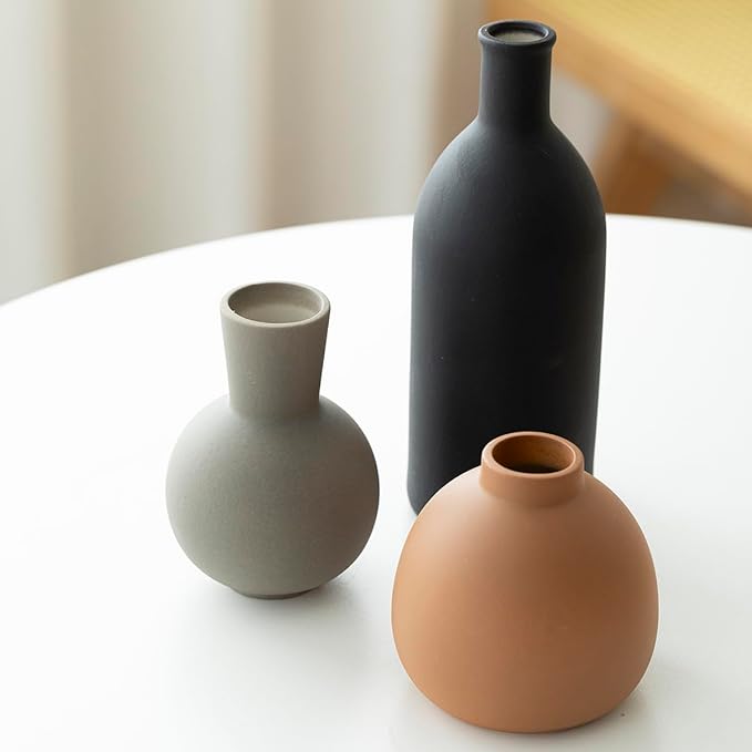 Modern Ceramic Vase Set of 3, Decorative Flower Vases for Home, Multicolor Pottery Vases for Living Room, Kitchen, Bedroom, Shelf, Rustic Farmhouse (Black Mix)