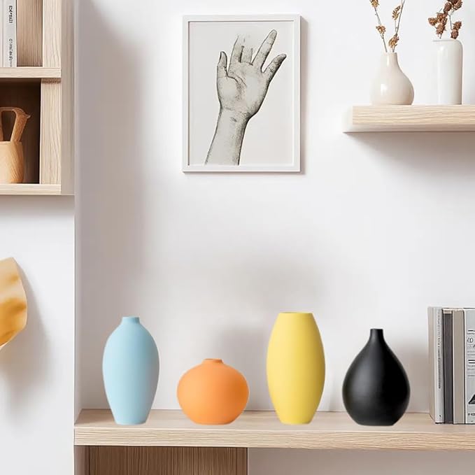 Small Ceramic Matte Vase Set 4 for Modern Home Decor Flower Decoration Office,Bookdesk, Bookshelf, centerpieces, Tables, Living Room, Dining Table, Bedroom Shelf Entryway Ornament Gift