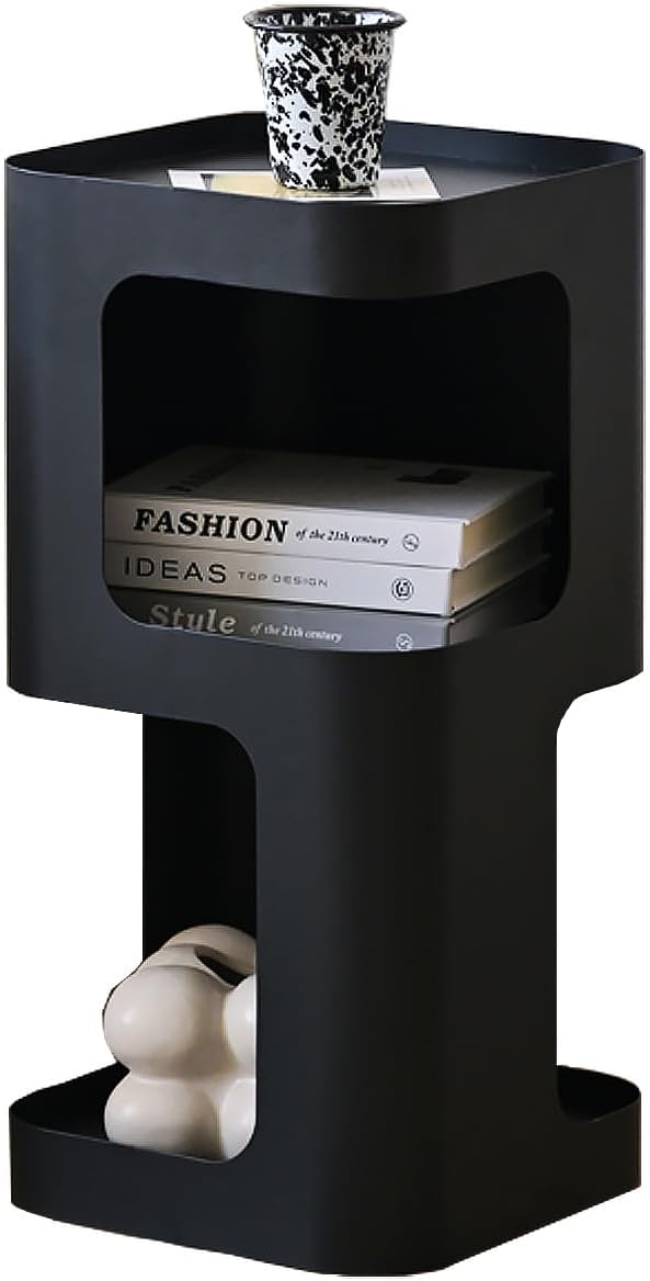 Modern Side Table,Small end Table for Small Spaces,Metal nightstand with Storage Shelf,Space-Saving Bedside Table Accent Table Drink Tables for Living Room,Bedroom.No Assembly Required (Black)