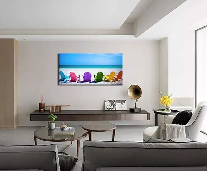 Beach Canvas Wall Art for Living Room, PIY Blue Sea with Colorful Chairs Picture Prints Decor, Relax Leisure Time Home Decorations (Waterproof, Bracket Mounted Ready Hanging, 24x48 Large)
