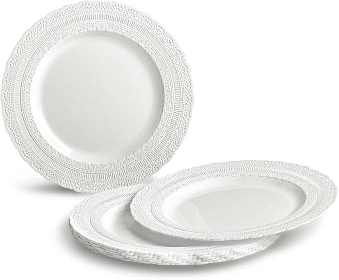 " OCCASIONS " 50 Plates Pack (25 Guests)-Extra Heavyweight Vintage Wedding Disposable/Reusable Plastic Plates -25x11'' Dinner + 25x8.25'' Salad/Dessert (Chateau Collection White)