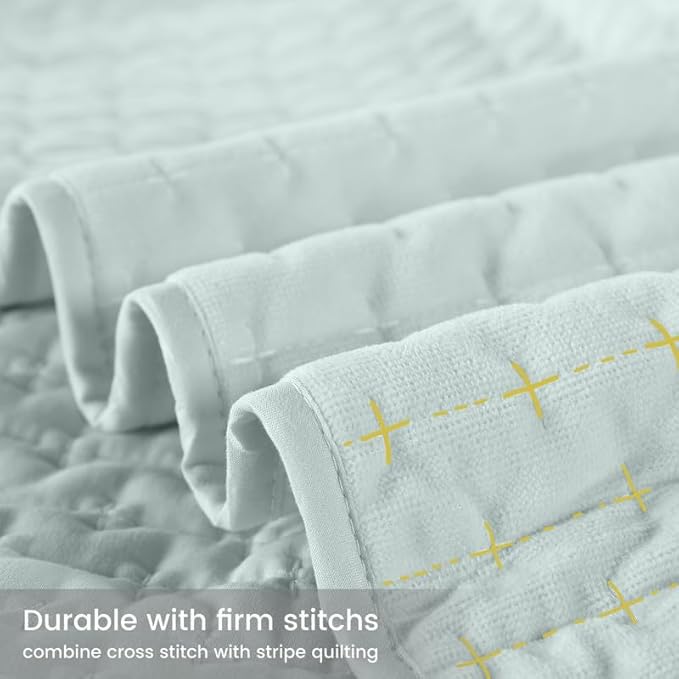 Velvet Quilt Twin Size,Luxurious Quilted Bedspread Bedding Set, Reversible Coverlet with Brushed Back, Ultra Soft Cozy Warm for All Season, Cross Stitch Striped, Pale Blue