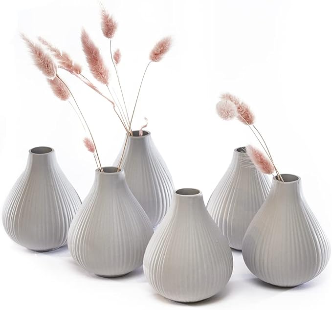 Chive ‘Frost’ Ceramic Flower Vase — Set of 6 Beautiful Small Bud Vases for Flowers & House Plants — Perfect Shelf Centerpieces and Living Room Decor — Light Gray