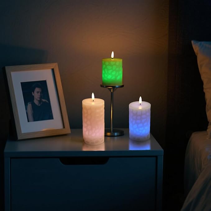 NICEME 3PCS LED Multi Colored Flameless Candles Pillar Battery Operated Flickering 3D Wick Flame Color Changing Candles with Remote Control Carving Real Wax Electric Fake Candles, D3” x H4” 5" 6"