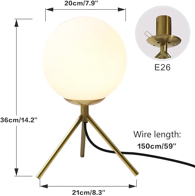 BOKT Mid Century Modern Table Lamp - Gold Glass Globe Desk Reading Lamp - Contemporary Minimalist Brushed Brass Bedside Desk Nightstand Industrial Vintage Bedside Table Light