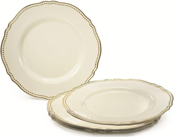 " OCCASIONS " 240 Plates Pack,(120 Guests) Heavyweight Premium Disposable Plastic Plates Set -120 x 10.25'' Dinner + 120 x 7.5'' Salad/Dessert (Rochelle Ivory and Gold)