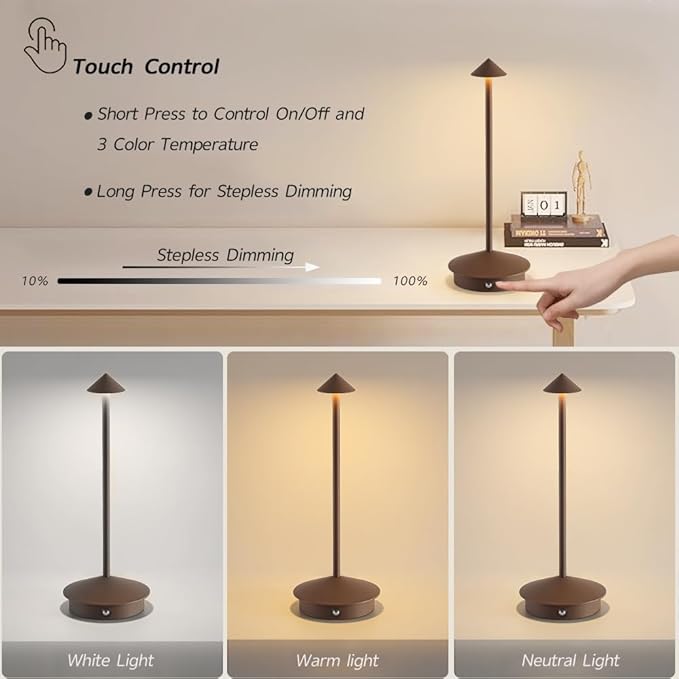 Cordless Table Lamp Set of 2, Rechargeable Portable LED Bedside Touch Lamp 6000mAh Battery Operated, 3 Color Stepless Dimming up, Wireless Battery Lamp for Dining/Outdoor/Bar/Patio/Party (Brown)