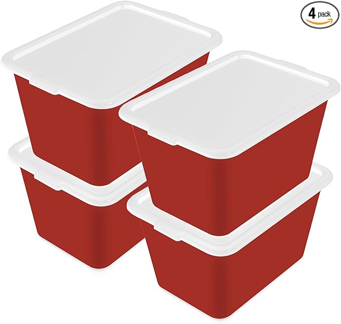 Storage Totes with Lids - Made in USA 14.5-Gallon (58-Quart) 4-Pack storage bins with lids plastic storage containers large storage boxes for Organizer White/Red