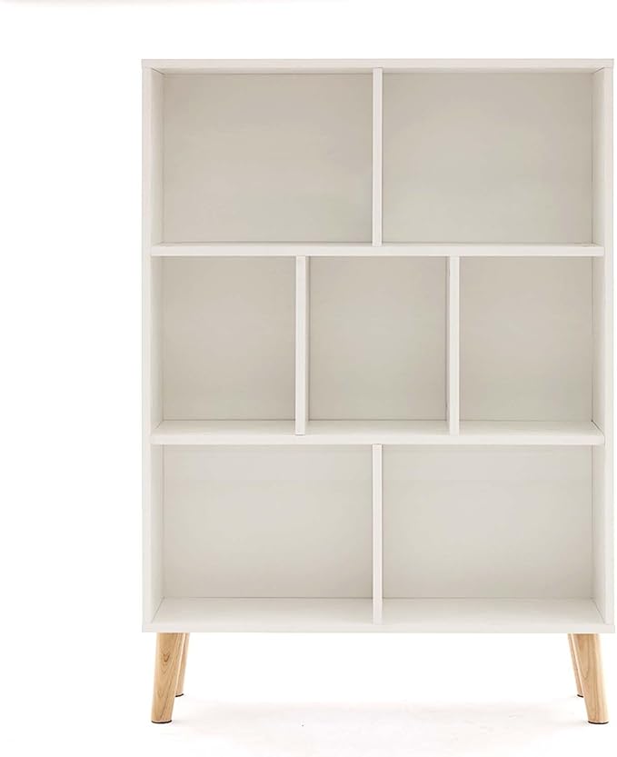 7 Cube Wood Bookshelf, 3 Tier Modern Bookcase with Legs, Open Display Cubby Bookshelf Freestanding Book Shelves for Home Office, Living Room, Bedroom, White