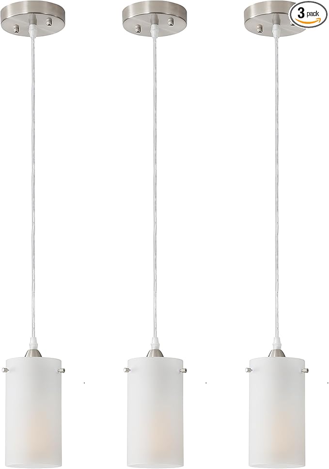 1-Light Mini Pendant Light Fixtures, Modern Chandelier Hanging Ceiling Light with White Frosted Shade, Brushed Nickel Pendant Lighting Adjustable Height, 3 Pack