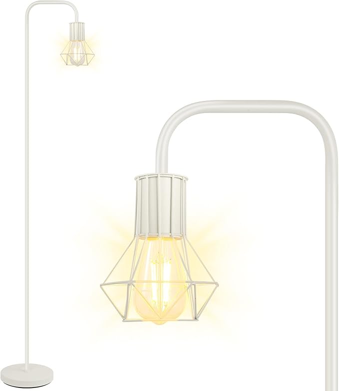 BoostArea White Floor Lamp, Industrial Floor Lamp, 6W Diamond Standing Lamp, E26 Socket, On/Off Footswitch, Whole Metal, Modern Small Simple Stand Up Lamp for Bedroom Living Room, Vintage, Mid Century