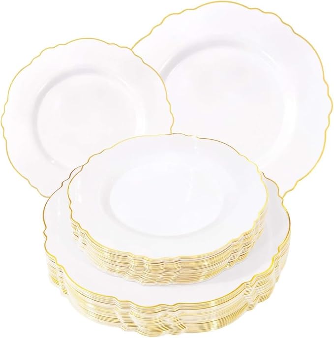 WDF 60pcs White and Gold Plastic Plates - Baroque White With Gold of 30 Heavy Duty Gold dinner plates 10.25inch, 30 Salad Plates 7.5inch Perfect for Weddings/Party/Birthday