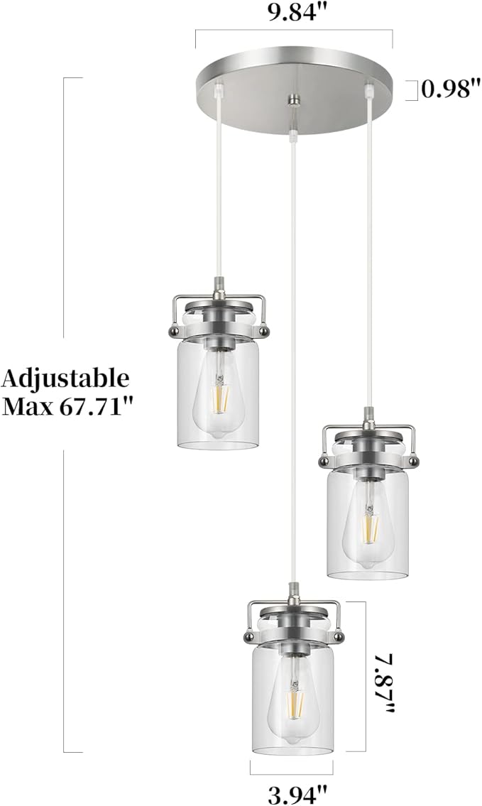 Pendant Lighting for Kitchen Island, Modern Glass Pendant Light Linear Chandelier for Dining Room Industrial 3 Light Hanging Light Fixture Adjustable Cord Farmhouse Ceiling Light Brushed Nickel Finish