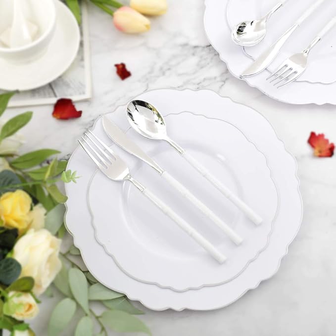 WDF 60pcs Silver Plastic Plates-Baroque White &Silver Plates for Upscale Parties &Wedding-including 30Plastic Dinner Plate 10.25inch, 30 Salad Plate 7.5inch