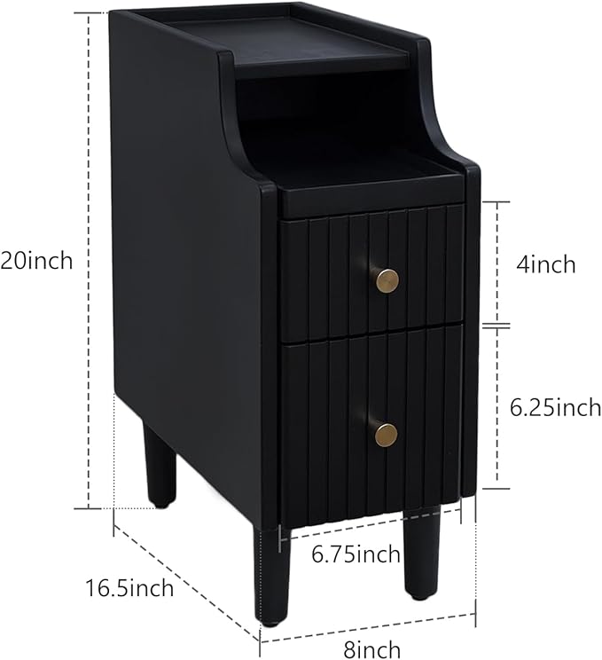 Narrow Nightstand with 2 Drawers, Fully Assembled Slim Bedside Table, Pre-Assembled Slim Nightstand for Small Spaces, Living Room, Bedroom, Black