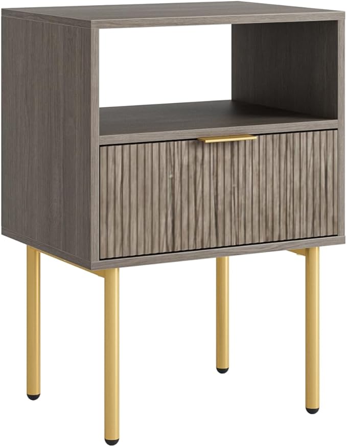 Nightstand,Morden Bedside Table with Gold Frame,Small White Night Stand,End Table,Bedside Furniture,Side Table with Drawer and Shelf for Bedroom,Living Room (1Drawer, Grey)