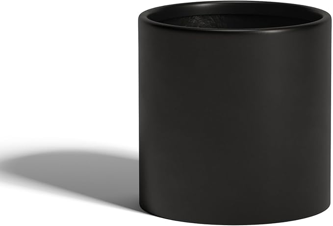 DTY Signature Mount Powell Fiberstone Planter - 14 Inch Large Black Cylindrical Mid-Century Modern Home Decor Indoor & Outdoor Plant Pot - Durable Planters for Indoor Plants, Outdoor Spaces