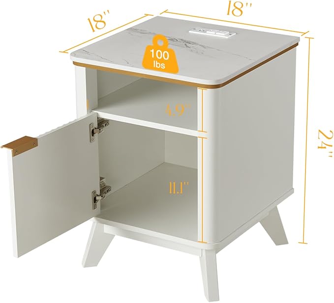 QUW Fluted Nightstand with Charging Station, Bedside Table with Open Storage and Cabinet, 18" Modern Side Table, End Table for Bedroom, Living Room, White